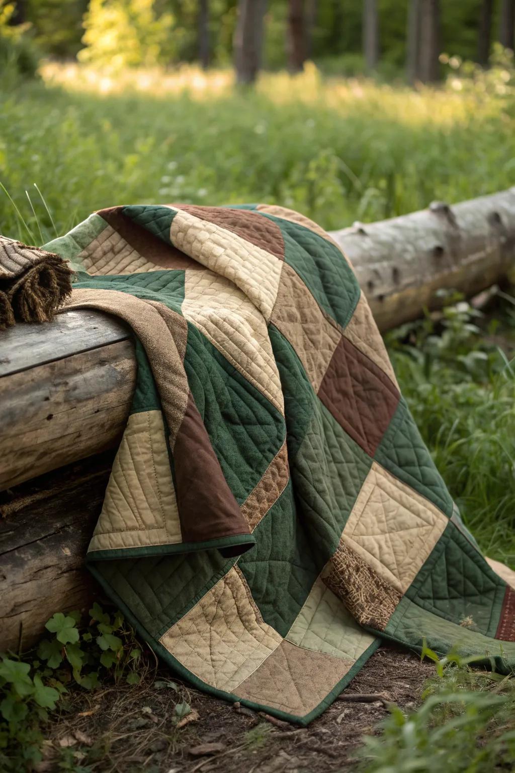 Embrace the outdoors with this earthy flannel quilt, perfect for a cozy picnic adventure.