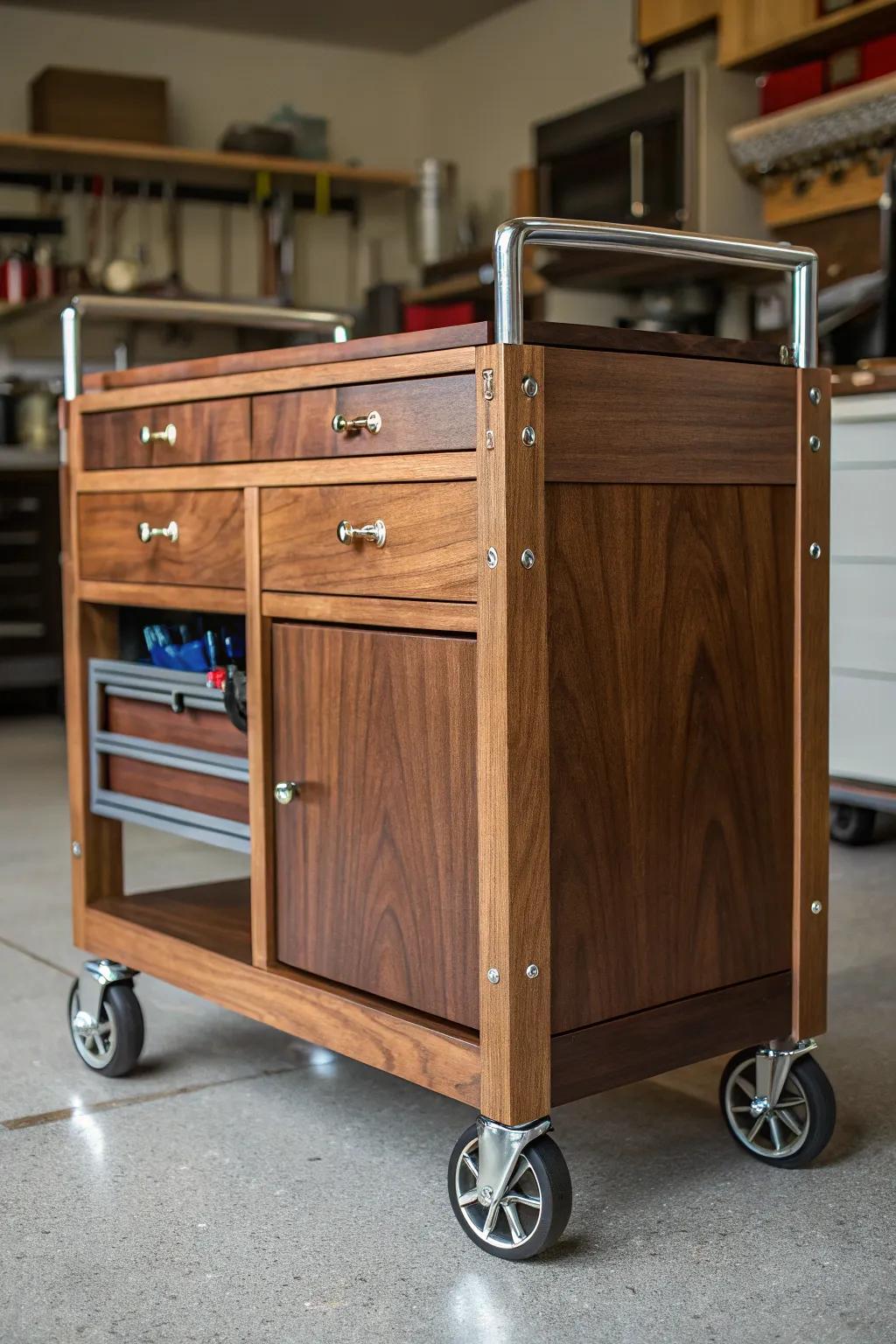 Elevate your garage game with a beautifully crafted rolling cart — where style meets functionality.