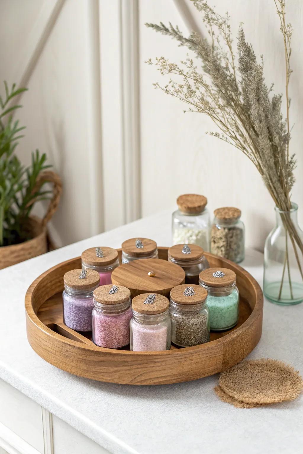 Effortlessly spin and sparkle with this elegant rotating tray for your glitter collection!
