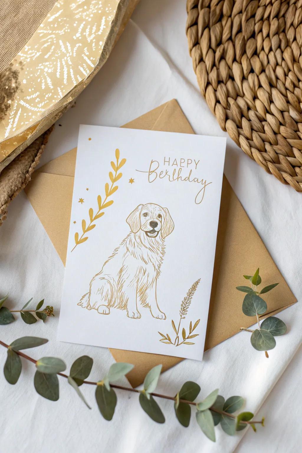 Celebrate with a touch of whimsy and elegance: a golden retriever graces this minimalist birthday card.