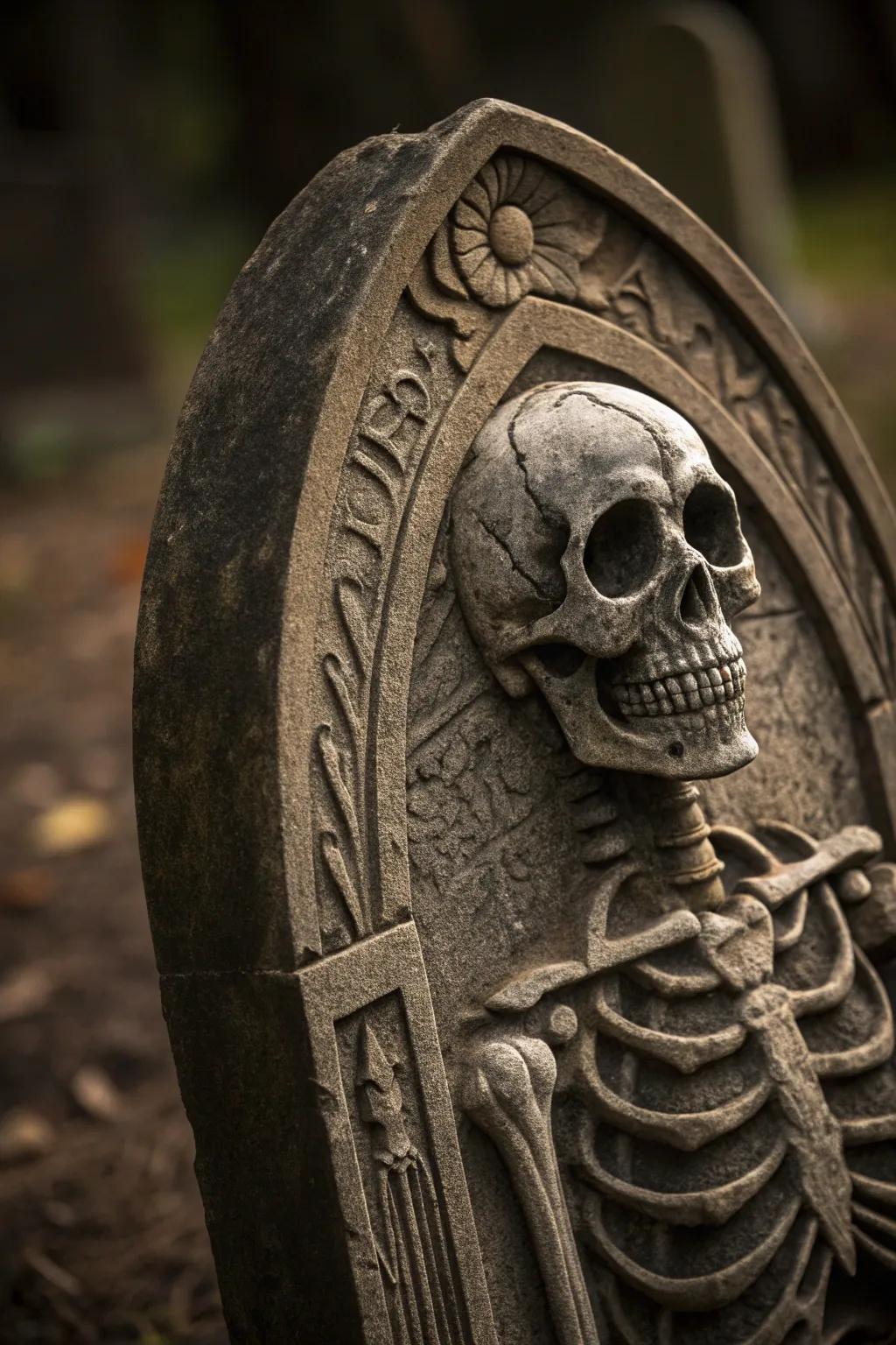 Elevate your Halloween décor with masterful tombstone designs that embrace skeletons and skulls for a hauntingly artistic touch.