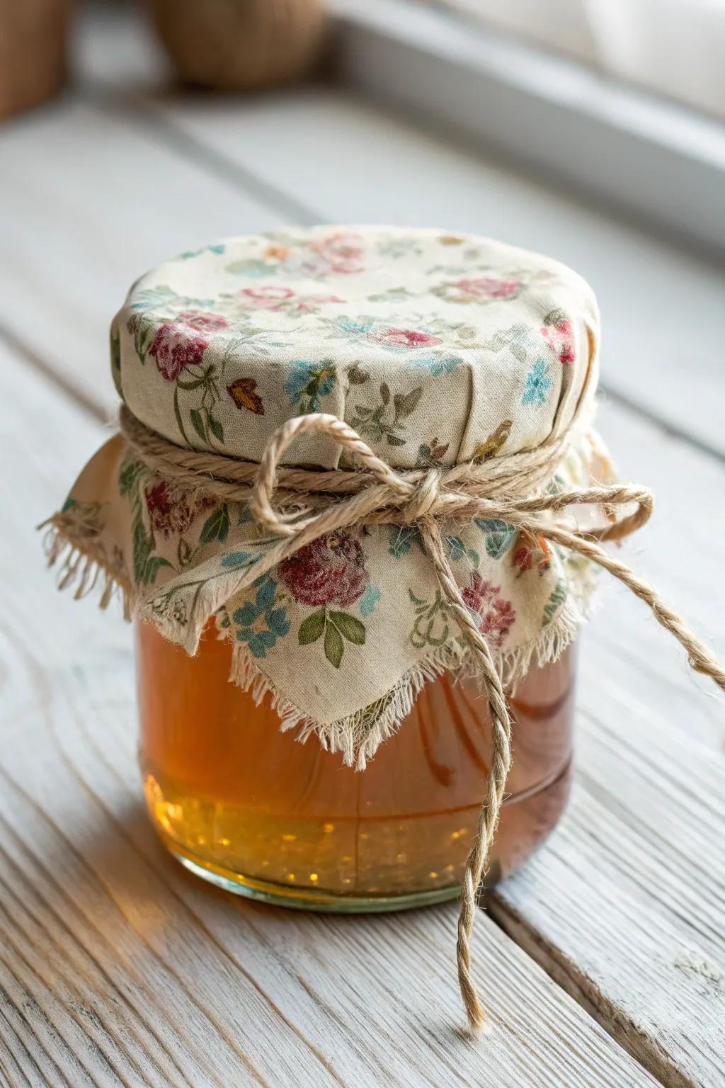 Add a touch of heritage and style to your honey jars with vintage cloth coverings—where simplicity meets elegance.
