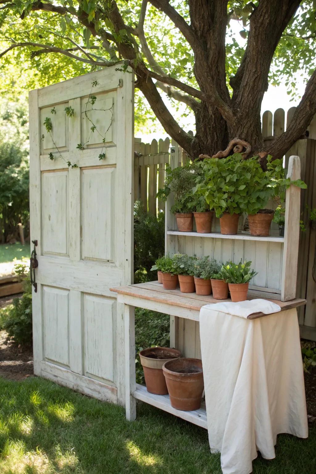 Transform old doors into a charming potting station—where rustic meets elegance in your garden.