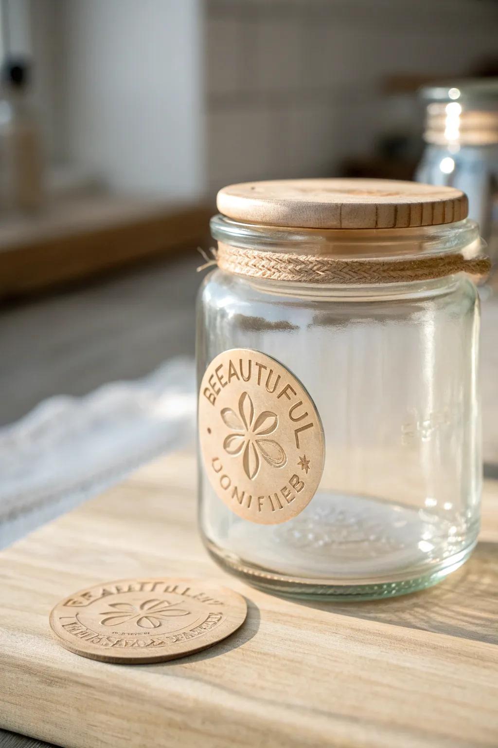 Elevate your jar organization with stamped labels for a touch of minimalist elegance.