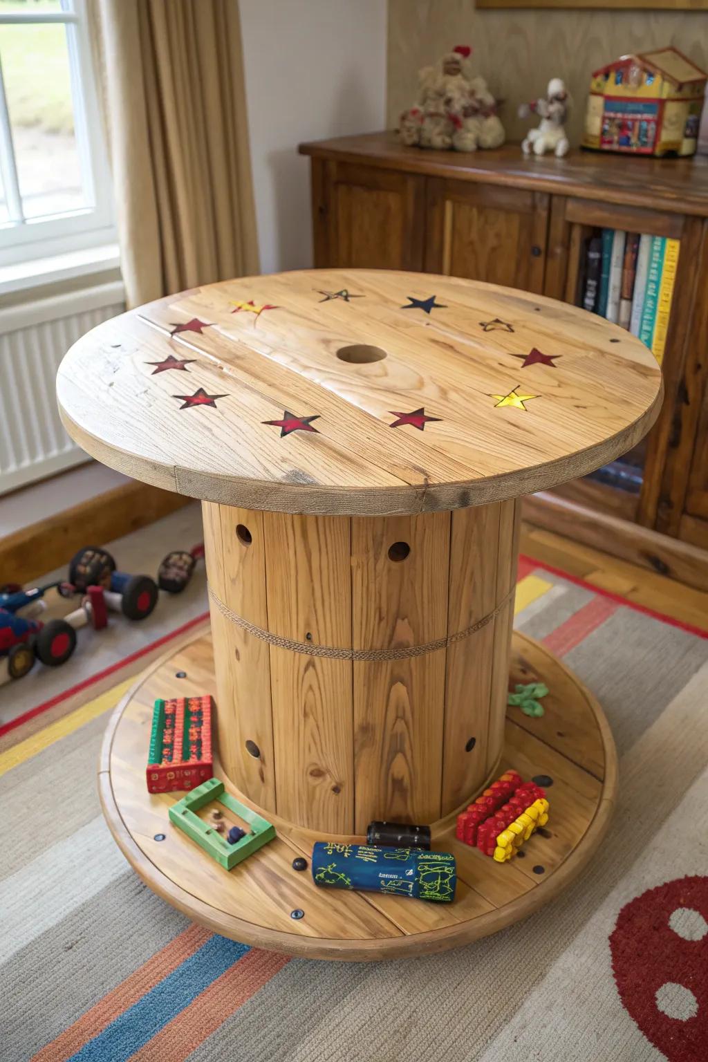 Transform a wooden spool into a playful kids' table—perfect height and hidden storage make it a crafty masterpiece!