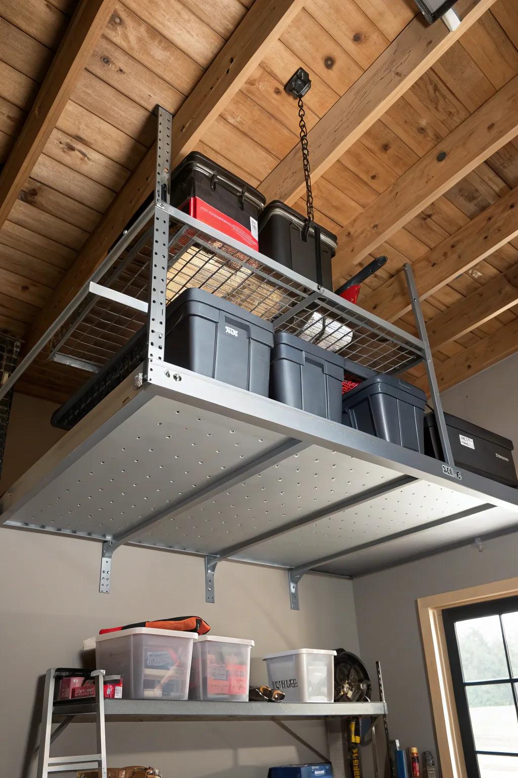 Elevate your organization game with stylish overhead storage racks—perfect for seasonal storage and maximizing your space.