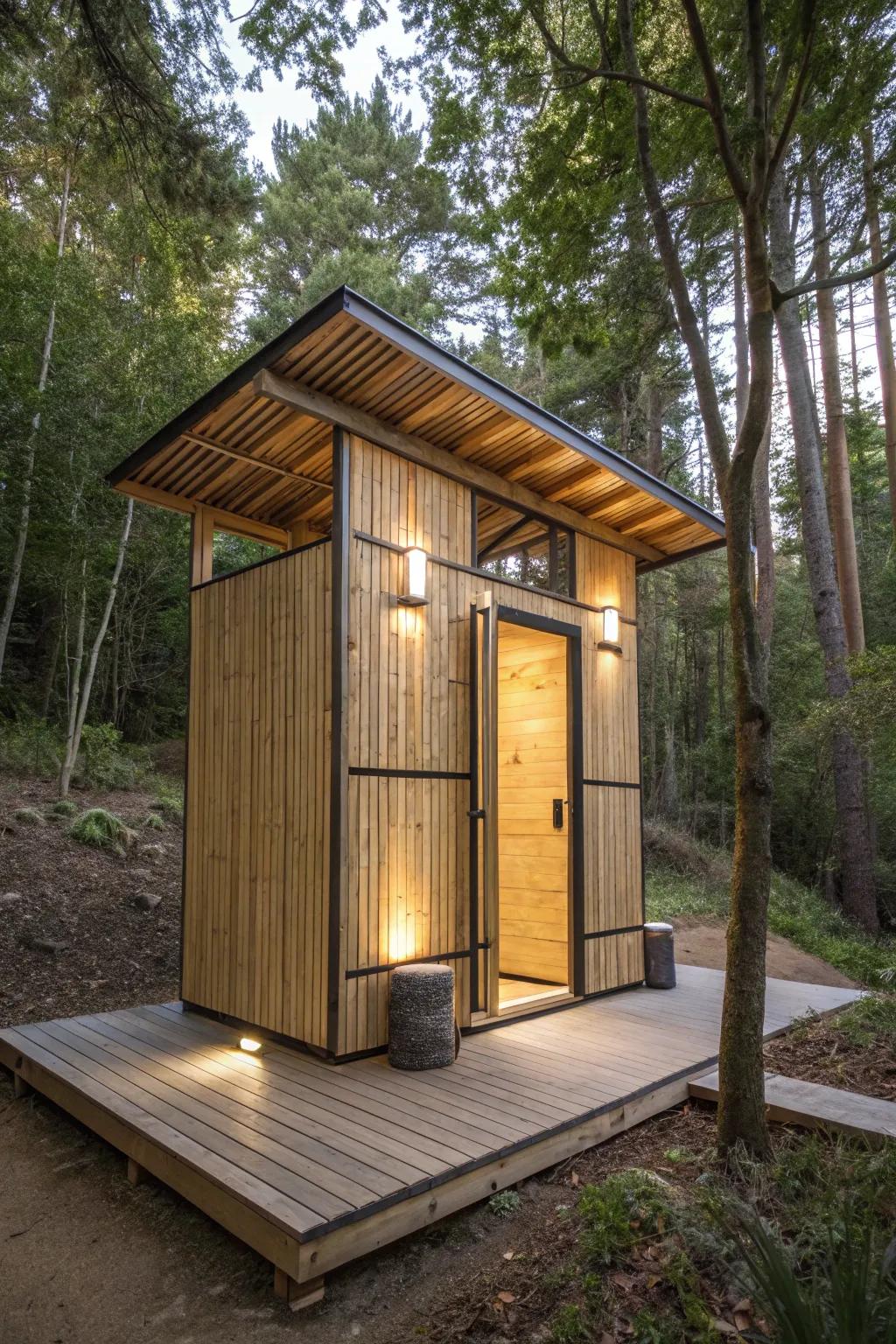 Nature meets craftsmanship: A sustainable bamboo outhouse with solar lighting.