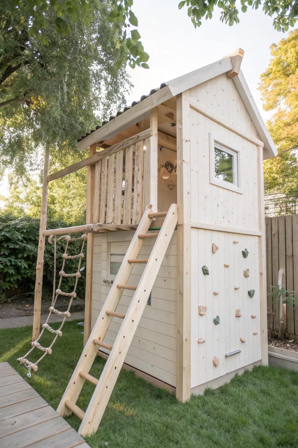 Adventure Awaits: Embark on endless explorations with this charming minimalist climbing wall playhouse.
