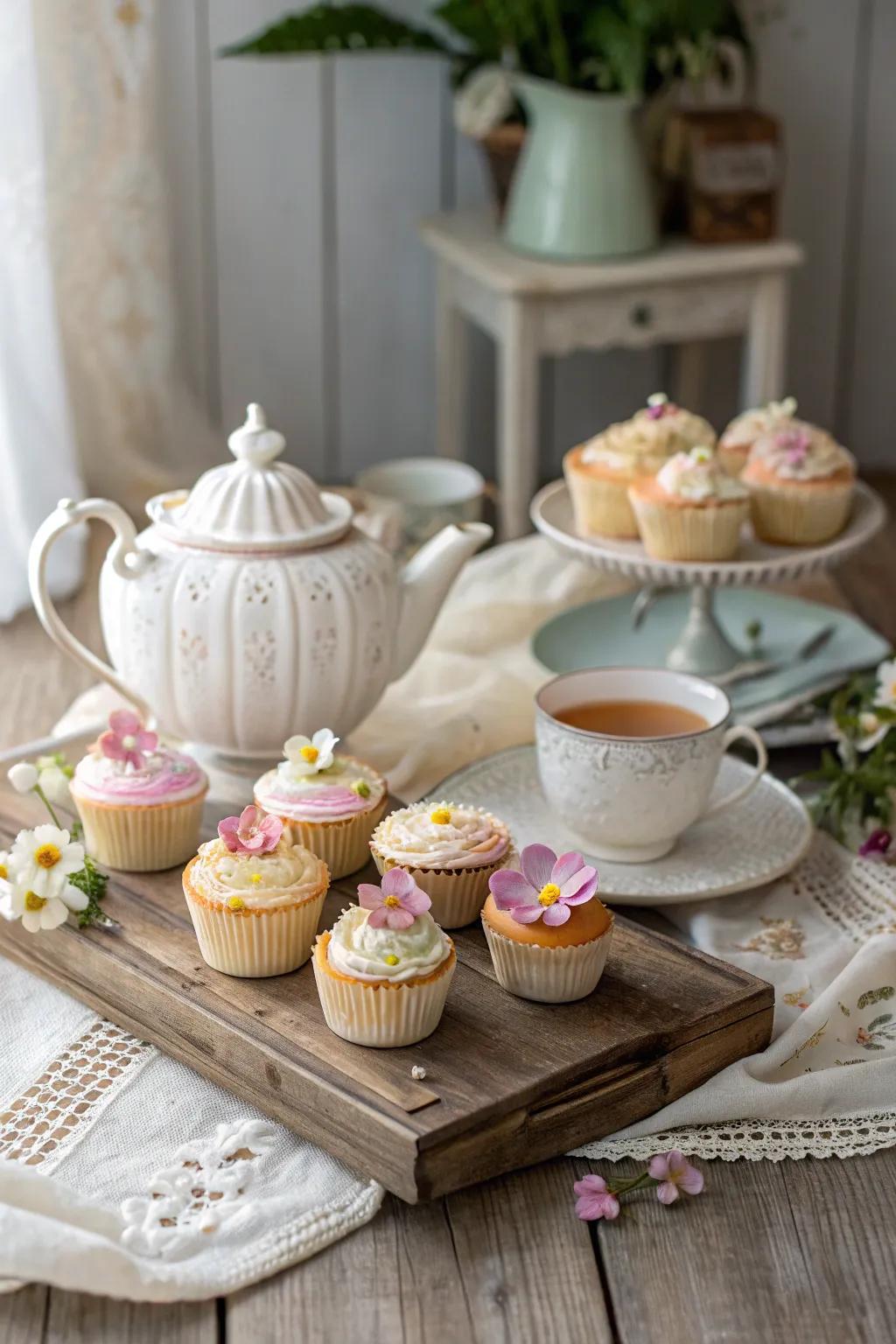 Indulge in the nostalgia of a vintage tea party with charming teapot cupcakes.
