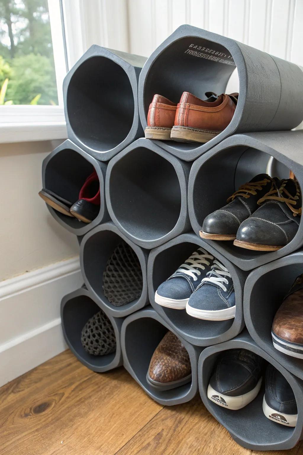 Elevate your entryway with this sleek PVC pipe shoe rack — a perfect blend of style and functionality.