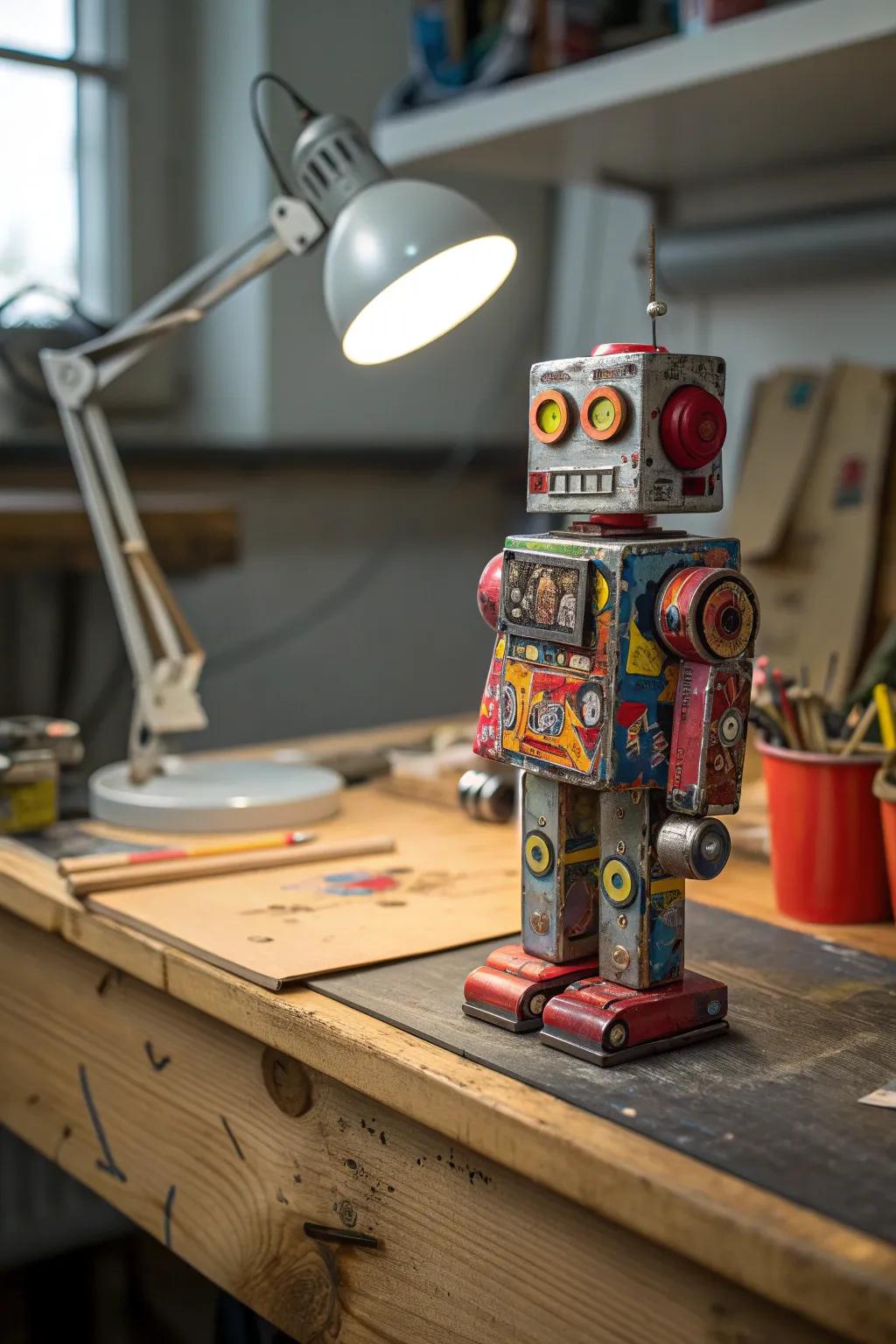 Transform your recycled robot into a masterpiece with a burst of color and creativity.