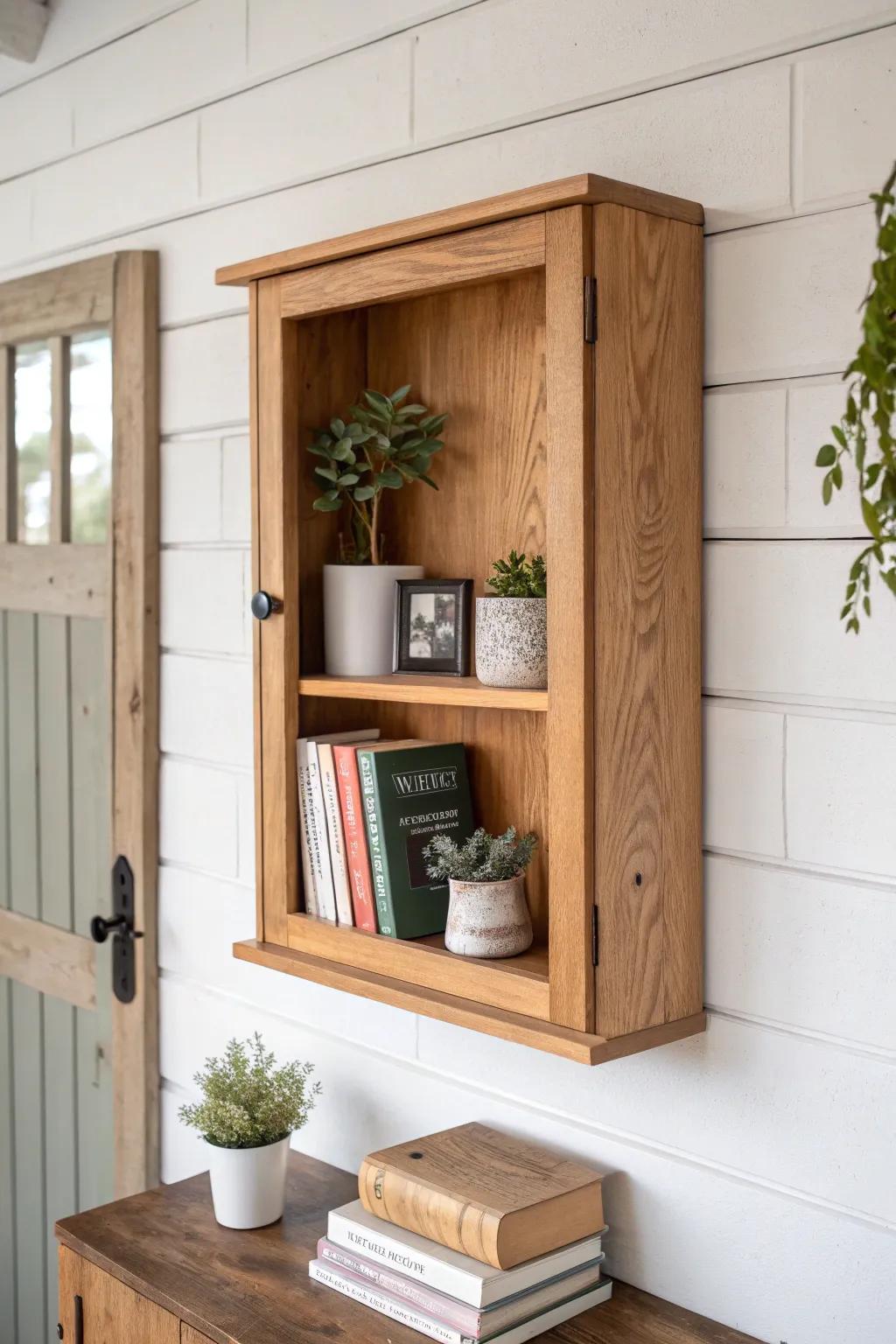 Transform your walls with minimalistic charm: a stylish shelf from a repurposed cabinet door.