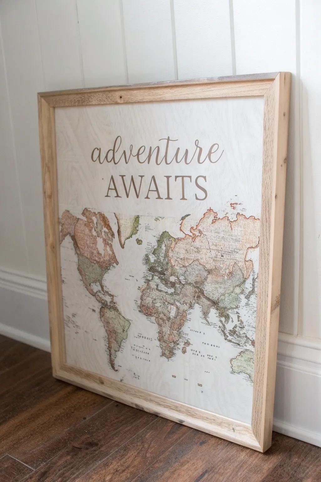 Embark on endless journeys with this 'Adventure Awaits' reverse canvas sign, where minimalist design meets wanderlust dreams.