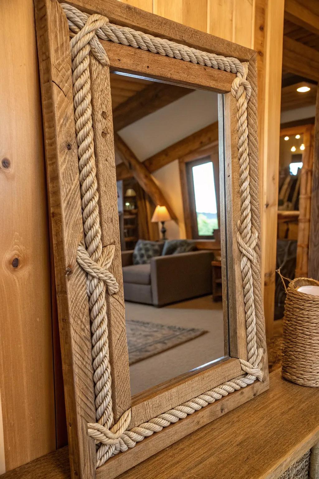 Elevate your space with this rustic rope-accented mirror, a perfect blend of texture and warmth.