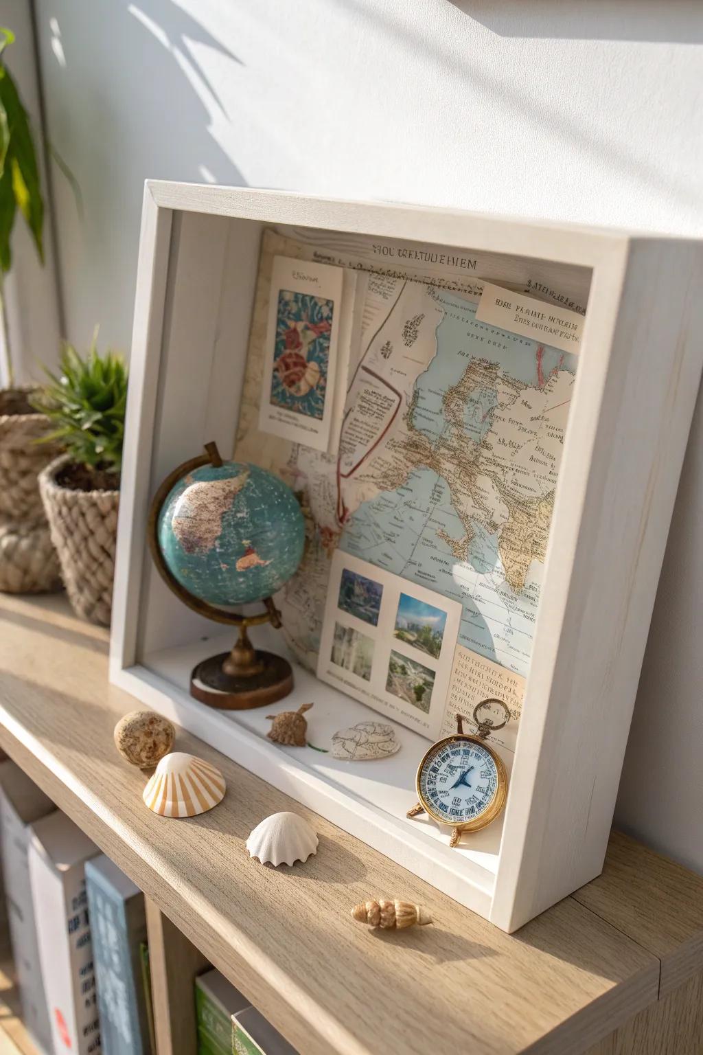 Capture your wanderlust with a travel-themed shadow box that tells the story of your adventures.