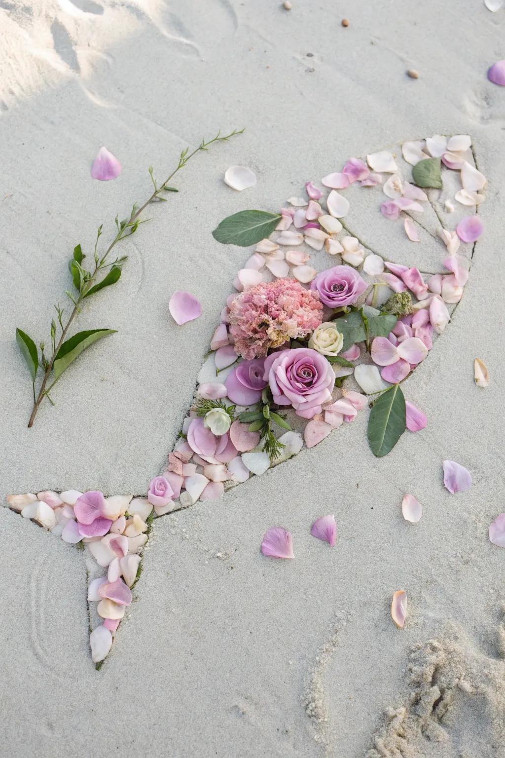Nature's whimsical artwork: fish made of flowers swimming gracefully on the ground.