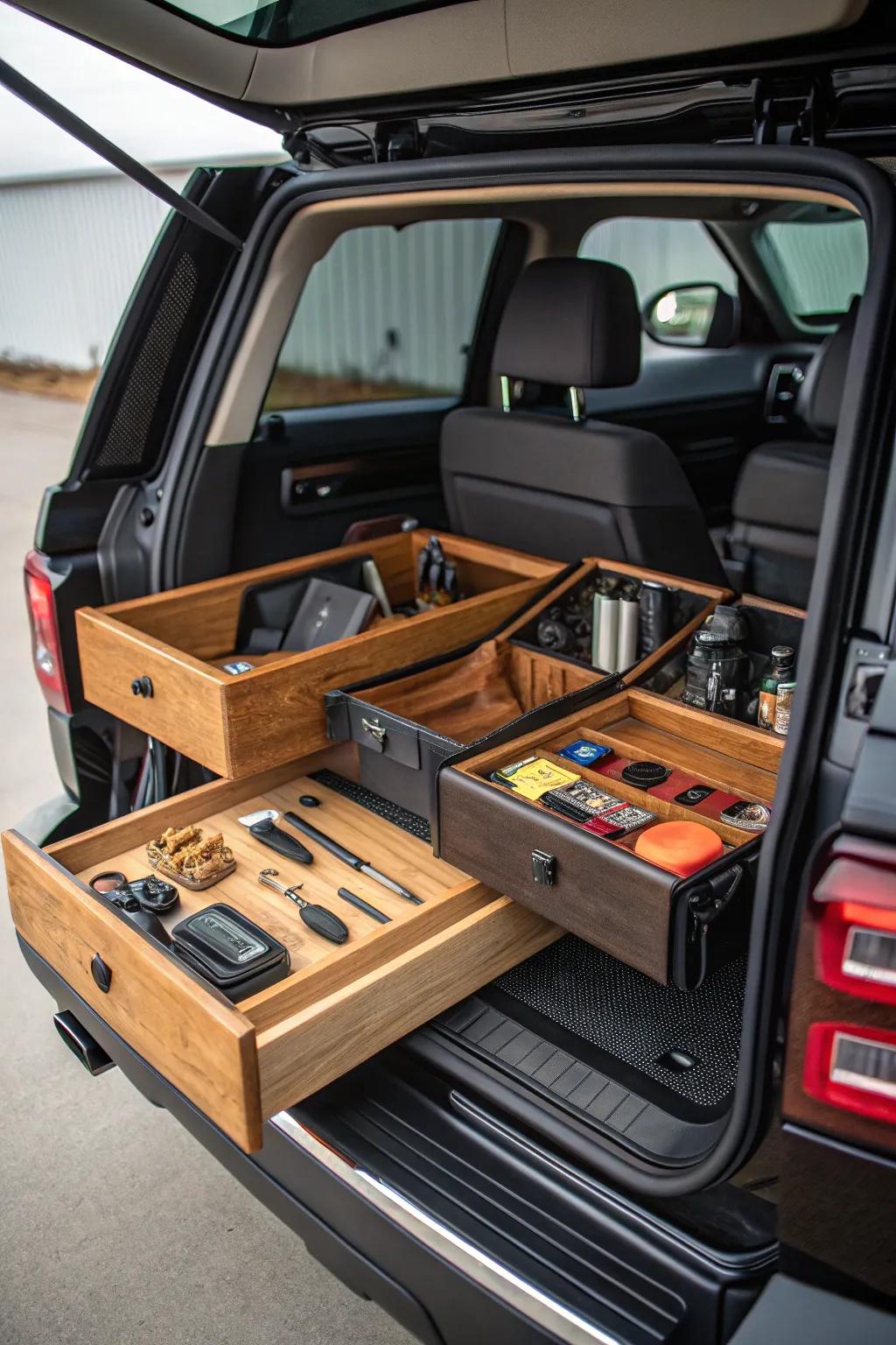 Master the art of organization with this handcrafted multifunctional SUV storage solution. Perfect for the modern man on the go.