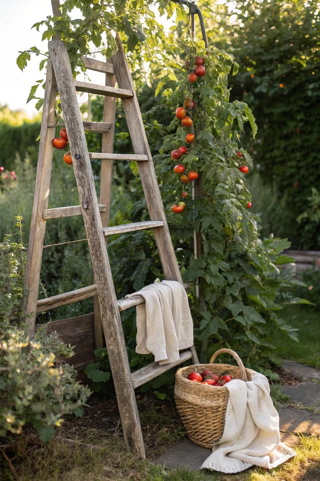 Upcycle beauty: A rustic ladder trellis transforms your garden into a charming haven for tomatoes.