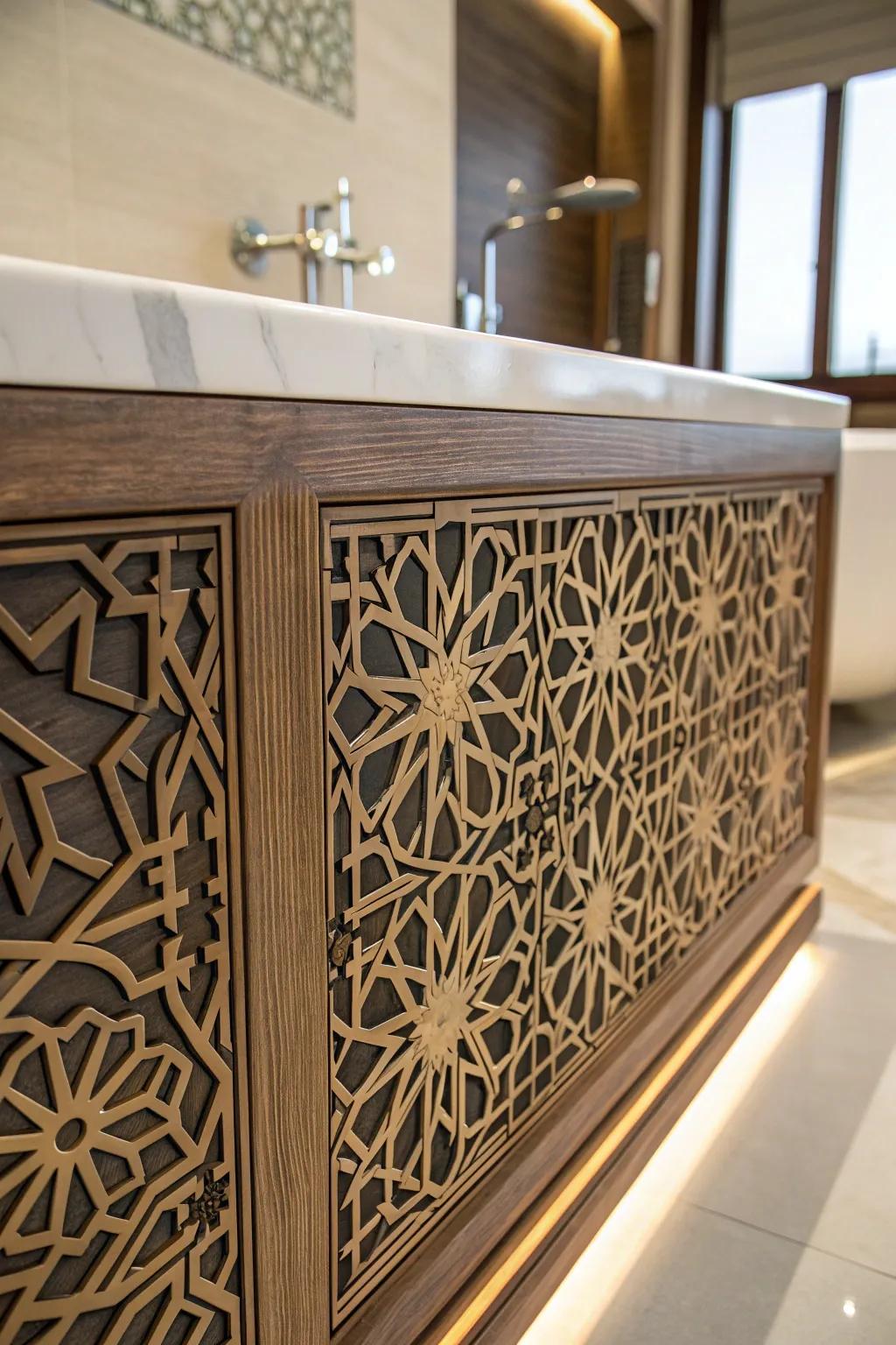 Transform your bathroom into a masterpiece with a geometric patterned panel that speaks to the art of craftsmanship.