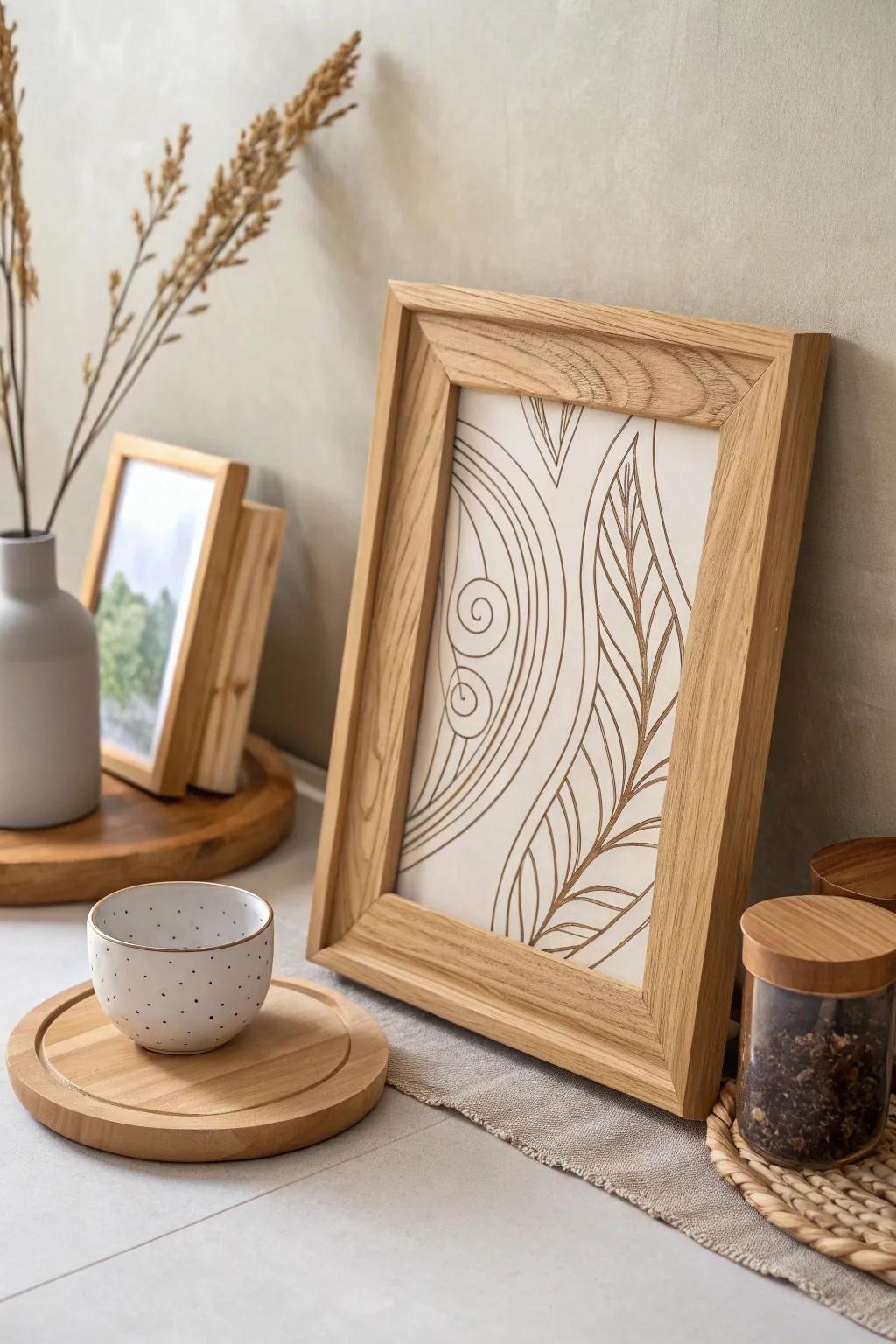 Embrace simplicity with this stunning minimalist line art in a handcrafted wood burning frame. Perfect for adding a touch of elegance to any room.