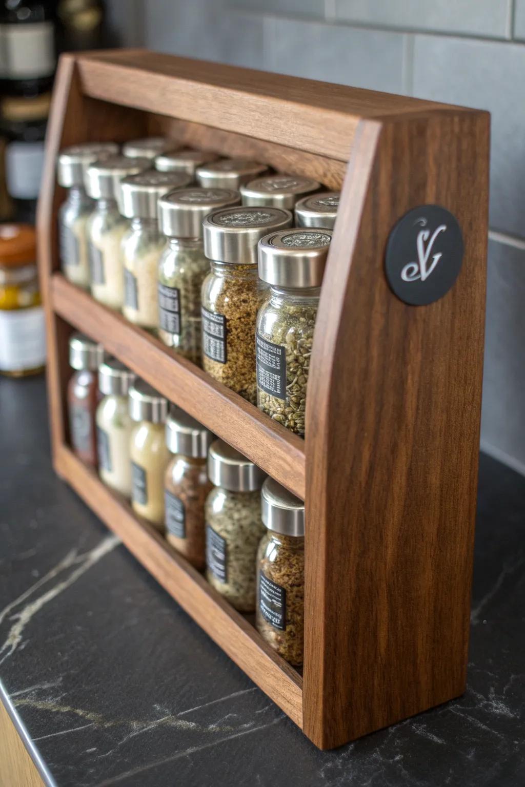 Organize your kitchen in style with this elegant, labeled wooden spice rack.
