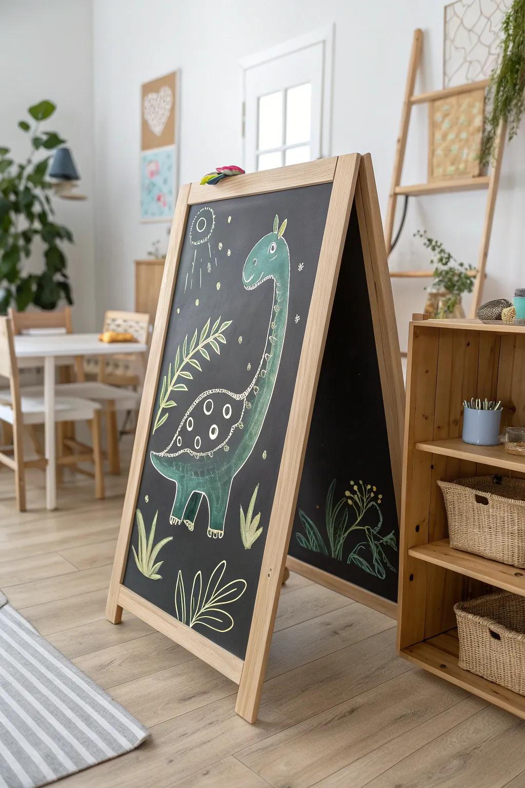 Bring a touch of whimsy to your space with playful dinosaur chalk art!
