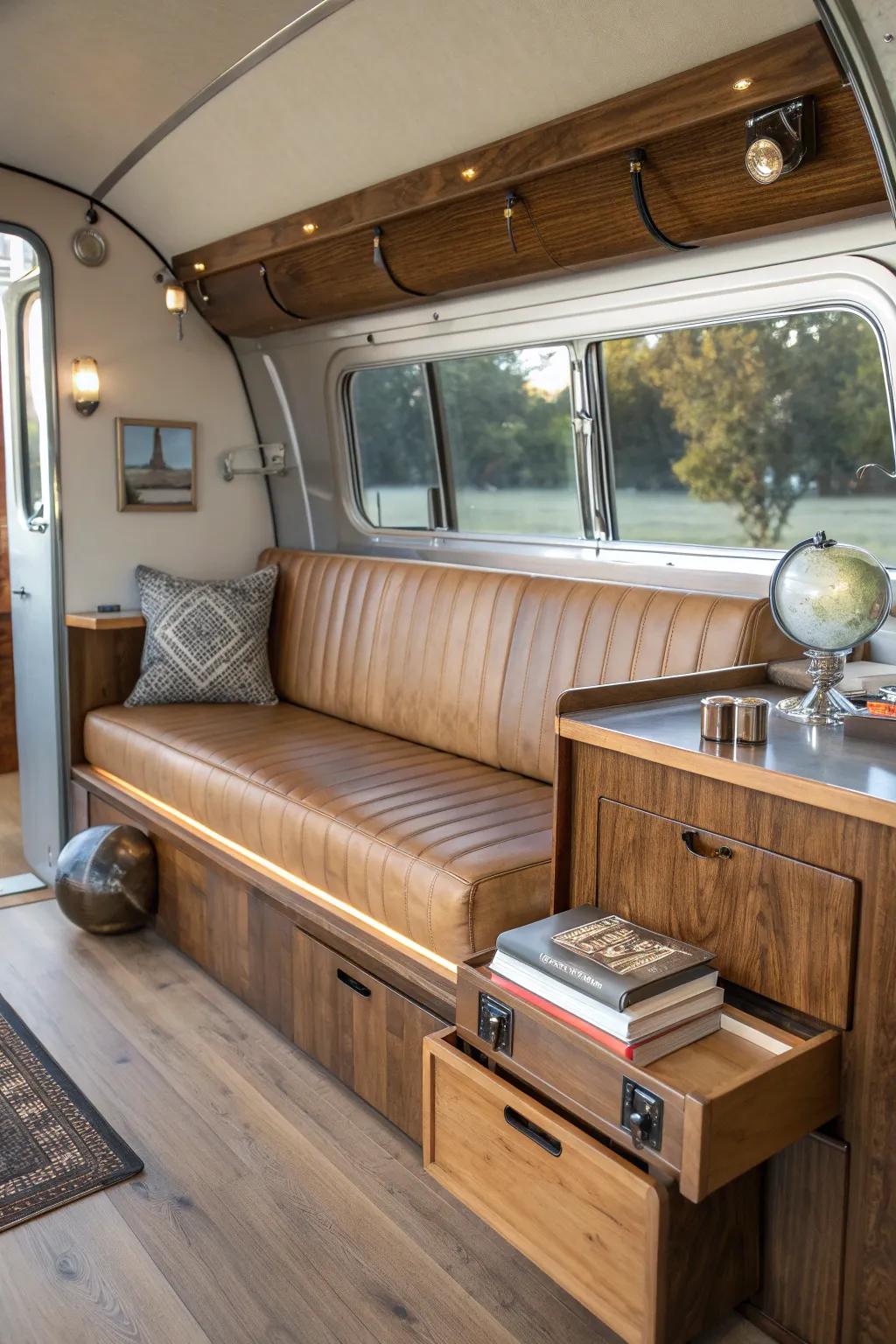 Transform your Airstream with multi-purpose furniture that blends style and functionality.