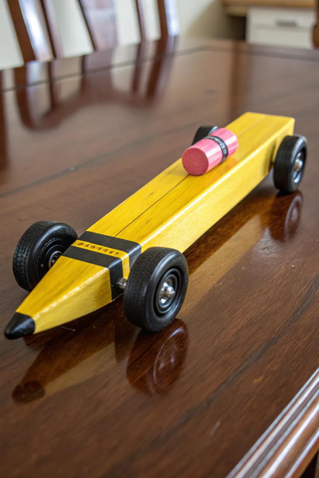 Craft your speed: Embrace the simplicity and charm of a pencil-inspired pinewood derby car.