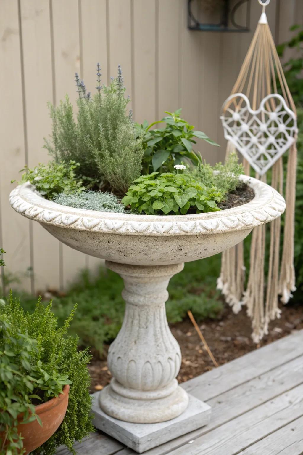 Transform your bird bath into an enchanting herb haven, blending minimalist design with natural beauty.
