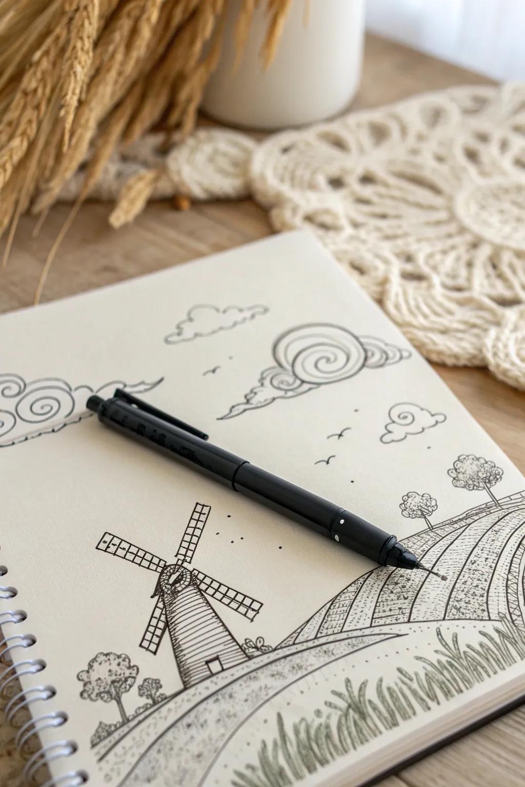Capture the serene elegance of windmill landscapes with the simplicity of black pen art.
