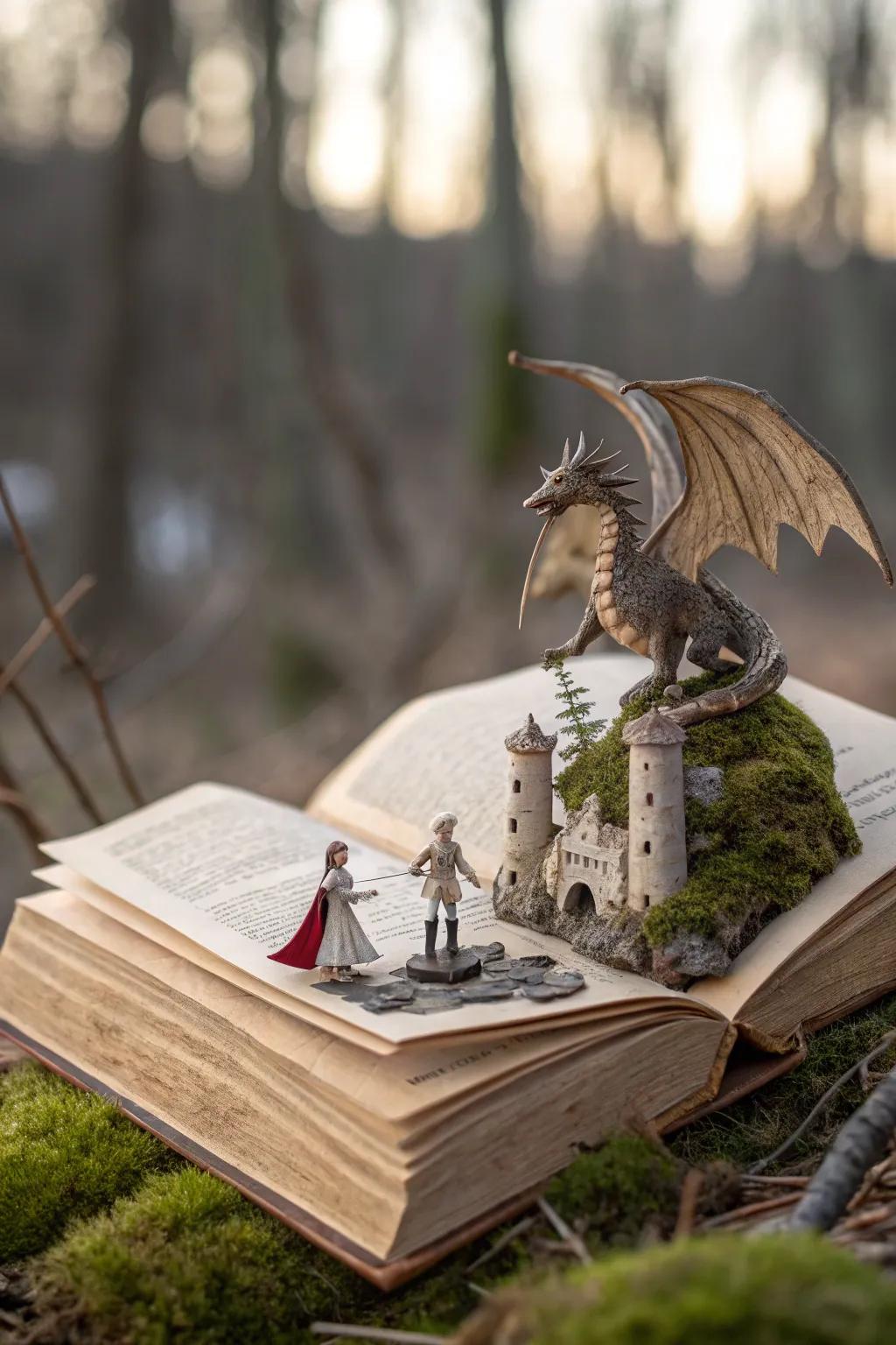 Dive into a whimsical world where dragons and knights come alive from the pages. #FantasyCraft #BookArt