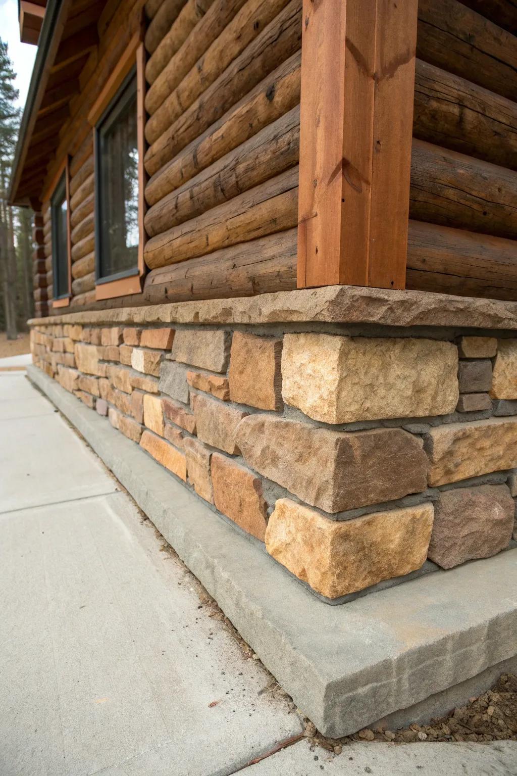Seamless elegance: stone veneer skirting transforms this cabin's foundation into a work of art.