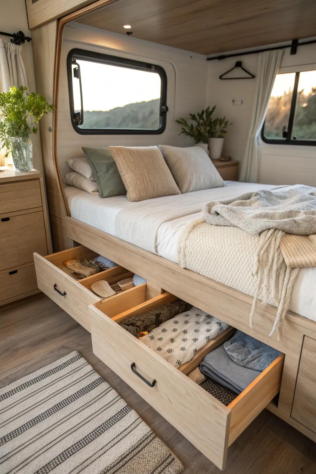Embrace elegance and efficiency with multi-functional furniture in your camper. #ScandinavianStyle #MinimalistLiving