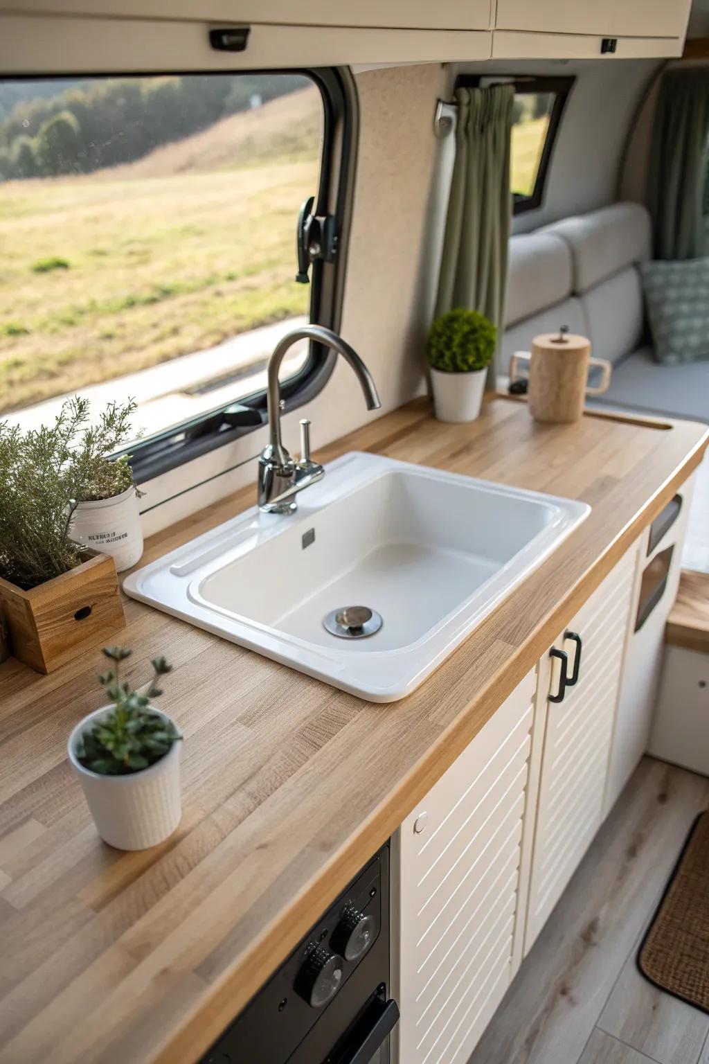 Discover the elegance of an undermount sink in your campervan—where simplicity meets functionality.