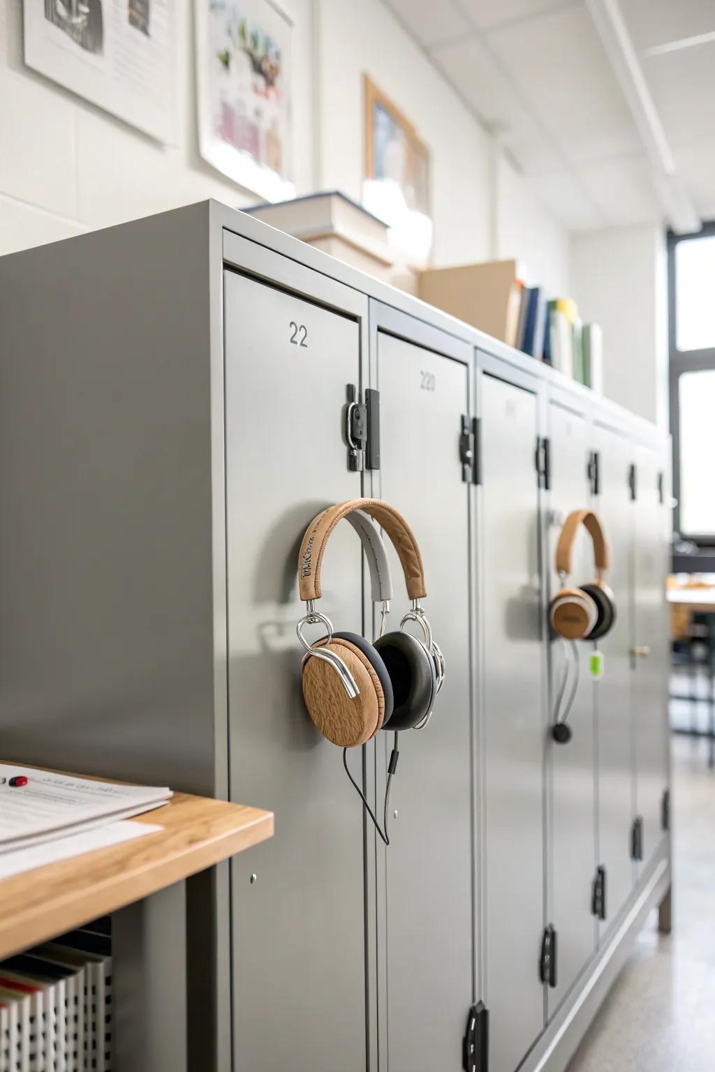 Elevate your classroom organization with stylish magnetic hooks for headphone storage.