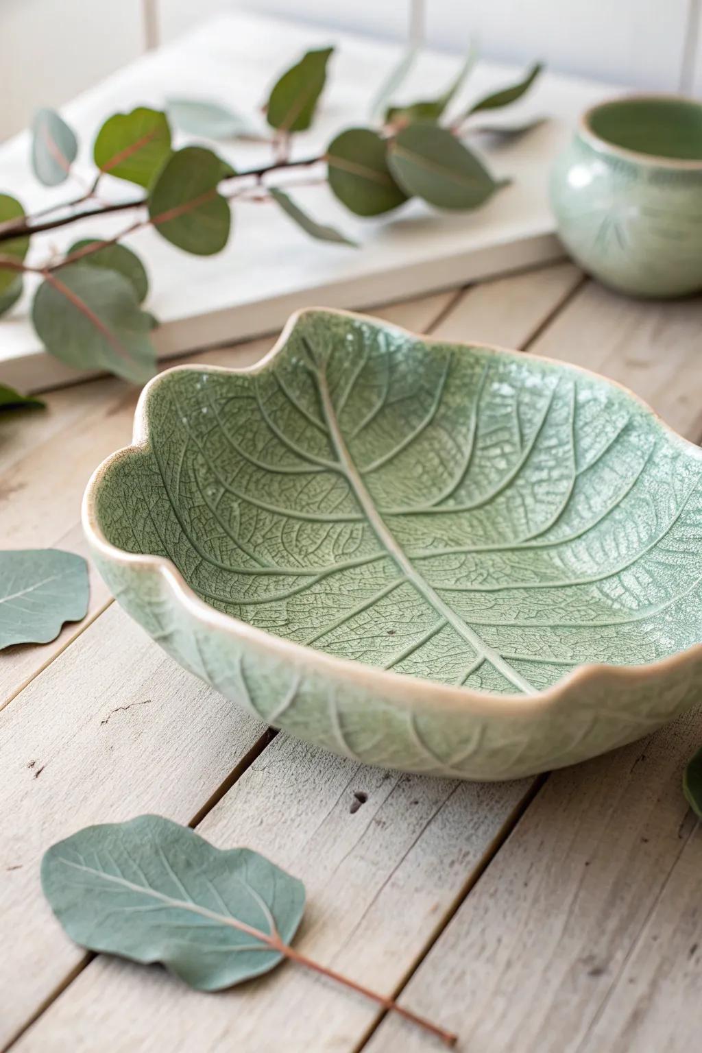 Embrace nature's elegance with this leaf-inspired clay vessel, perfect for adding a touch of outdoor serenity to your space.