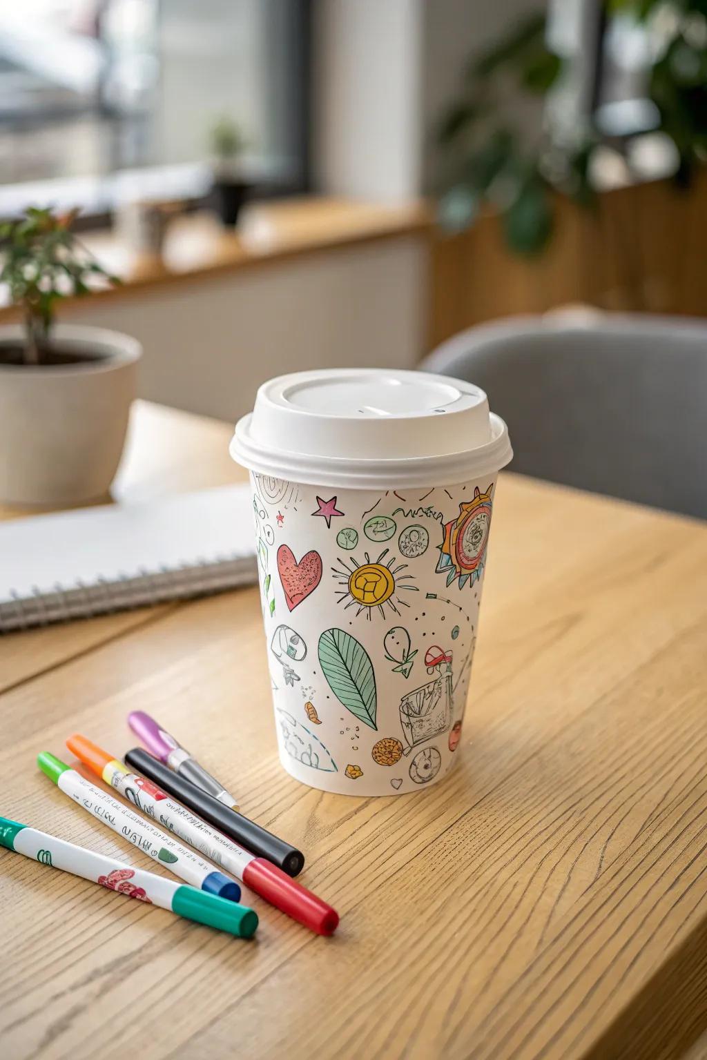 Unleash creativity with a simple coffee cup lid and markers – the perfect rainy day project for little artists.