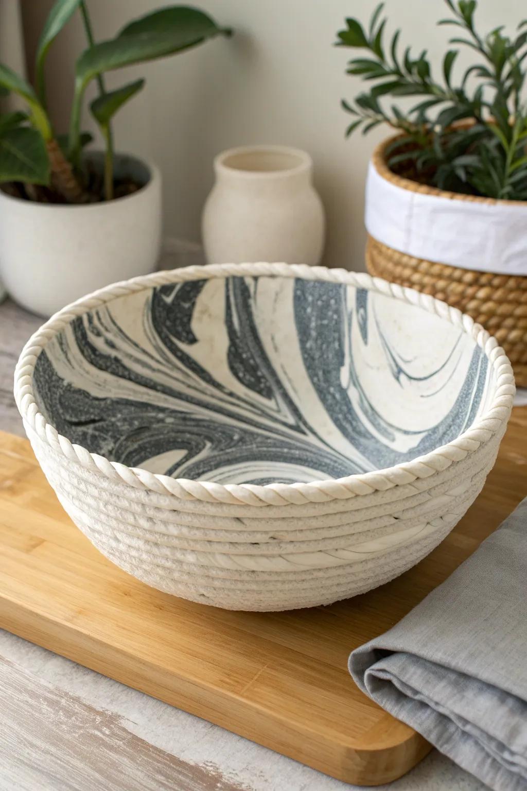 Elevate your space with the elegance of a faux marble coil bowl, a perfect blend of minimalist design and artisan charm.