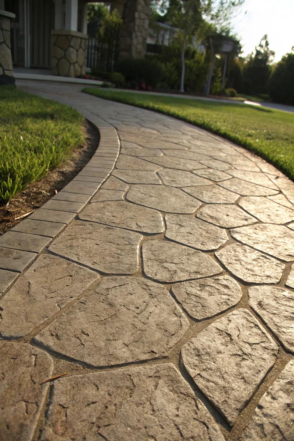 Timeless elegance meets modern durability with stamped concrete walkways.