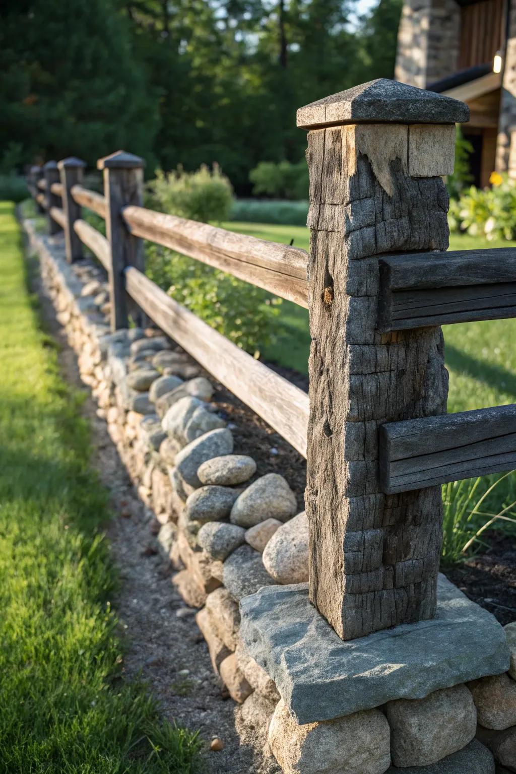 Elevate your garden's elegance with a mix of rustic wood and textured stone.