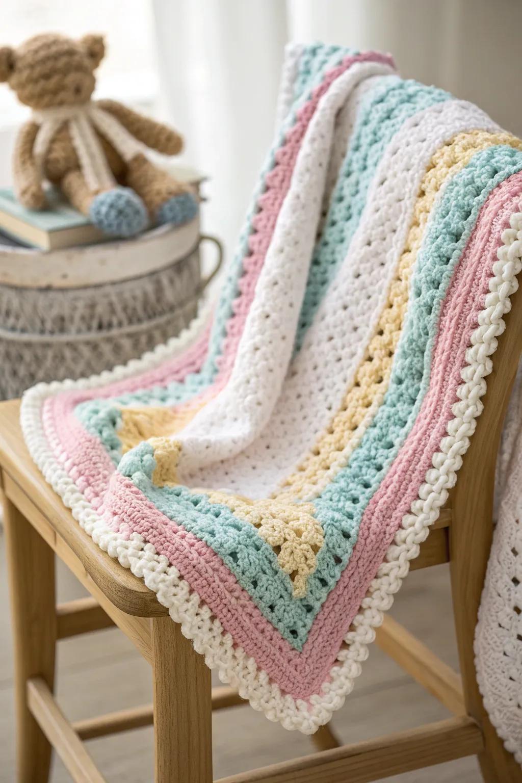 Add a touch of color and craftsmanship to your baby blanket with a vibrant granny stripe edging. 🌈✨