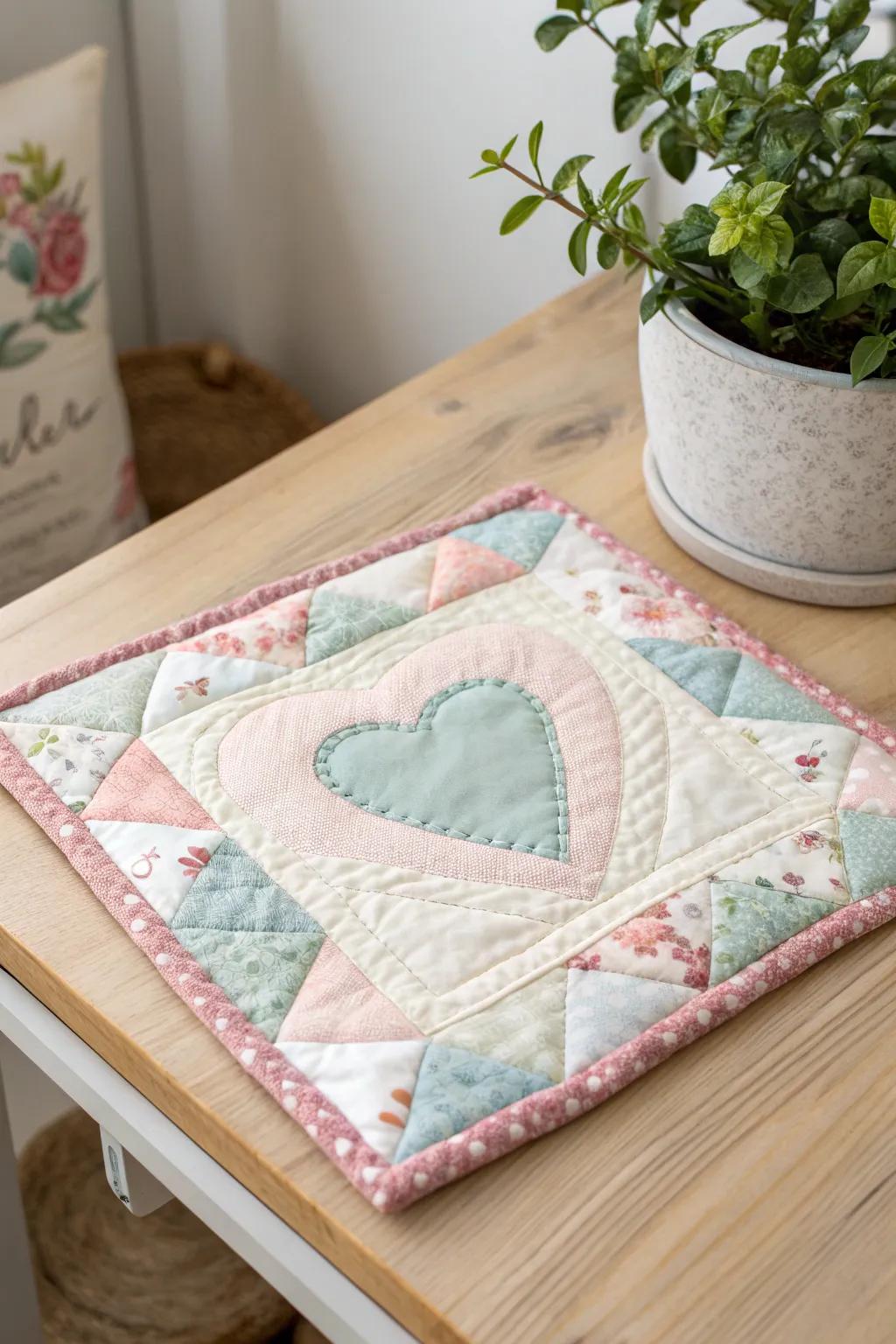 Embrace the charm of handmade elegance with this crumb quilt block, beautifully adorned with a delicate heart appliqué.