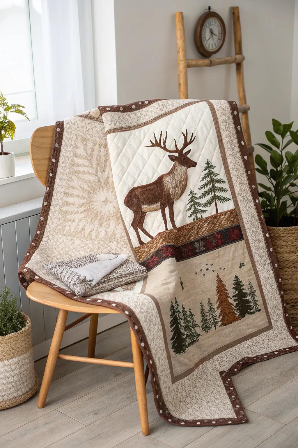 Embrace cozy cabin vibes with this rustic deer panel quilt, perfect for adding warmth and style to any minimalist space.