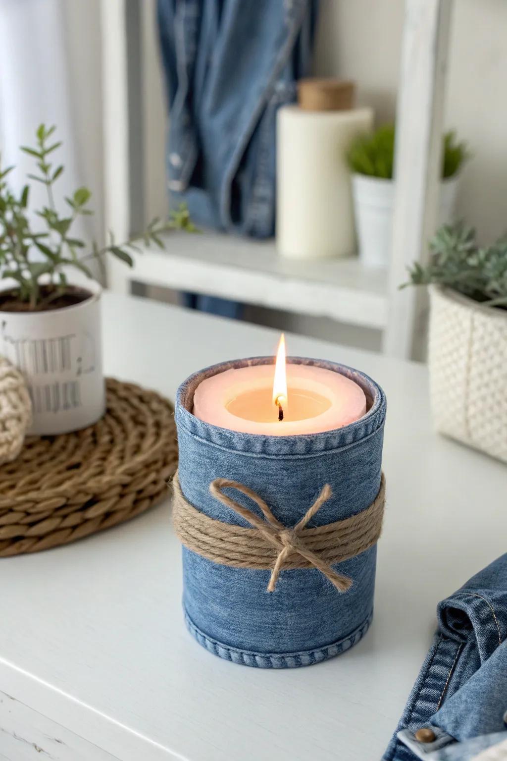 Elevate your space with the cozy charm of denim-wrapped candles.