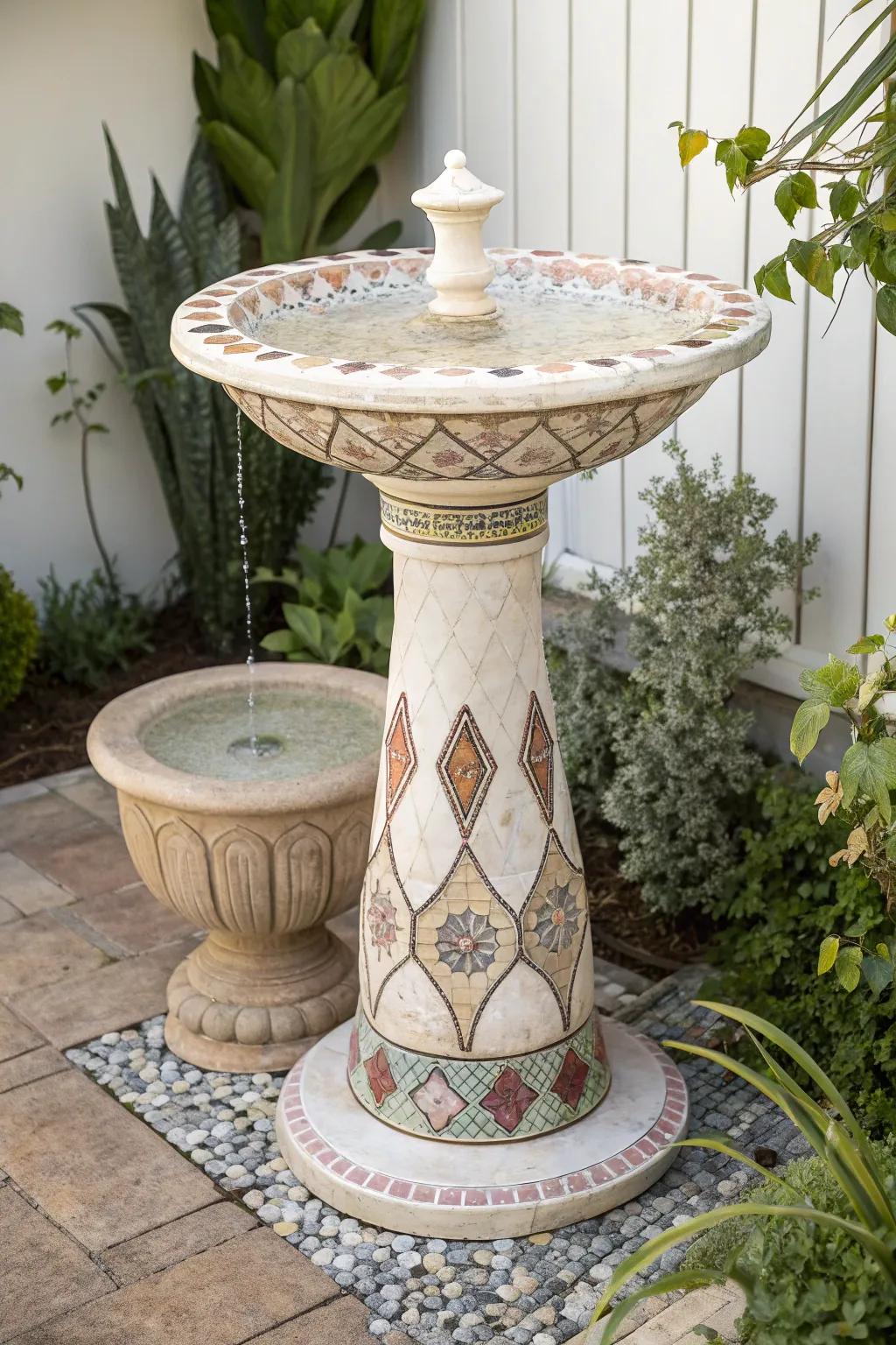 Transform your garden with a touch of mosaic magic and watch as nature flocks to your serene retreat.