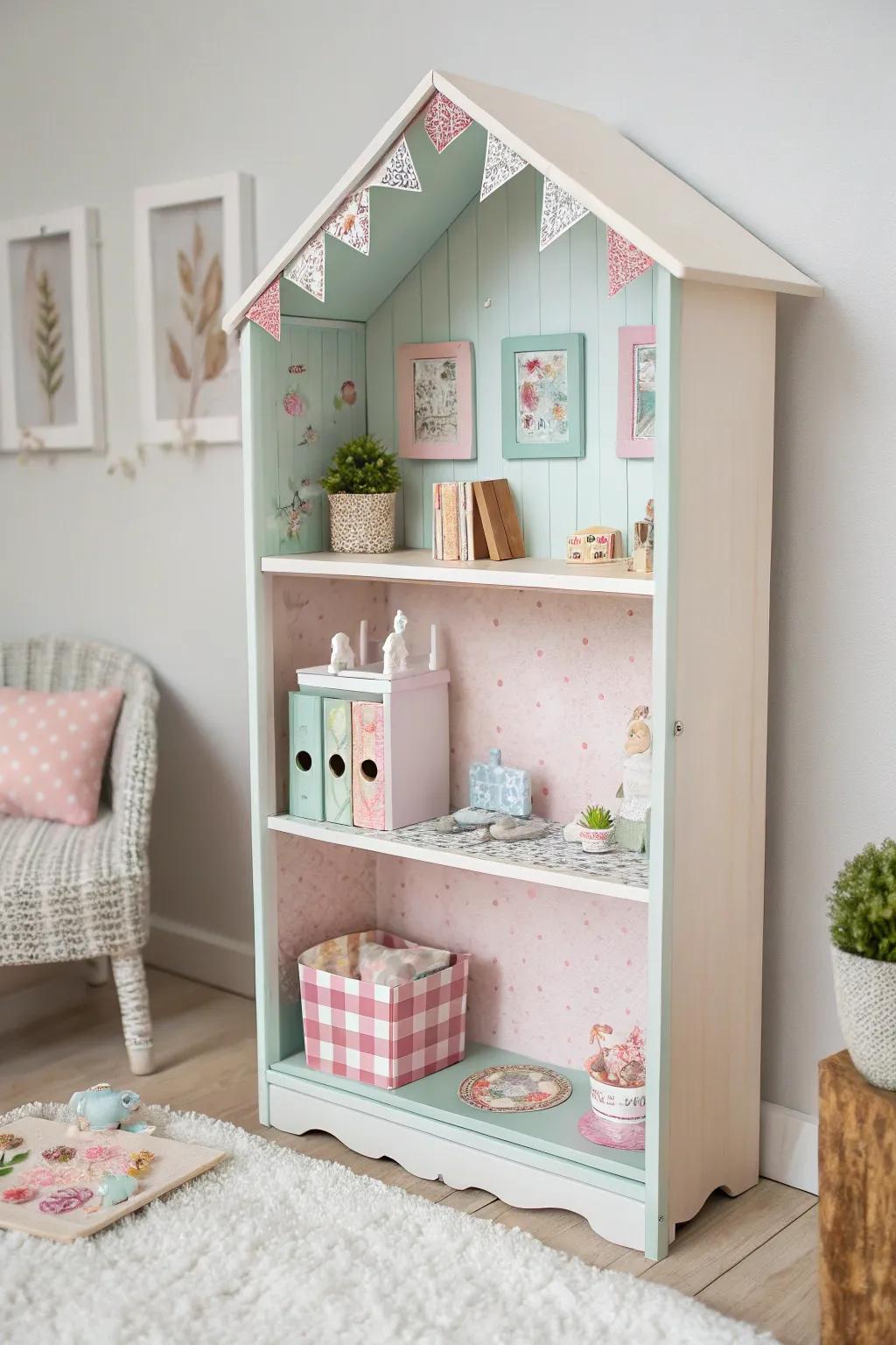 Transform your old bookshelf into a whimsical dollhouse masterpiece—where creativity meets Scandinavian minimalism!