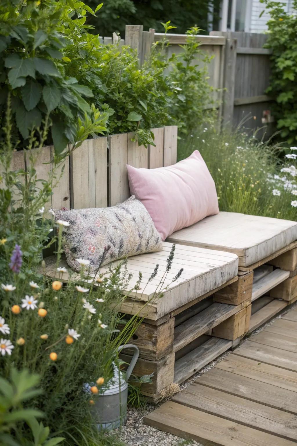 Transform your garden into a cozy retreat with a handcrafted pallet wood bench – where simplicity meets natural beauty.