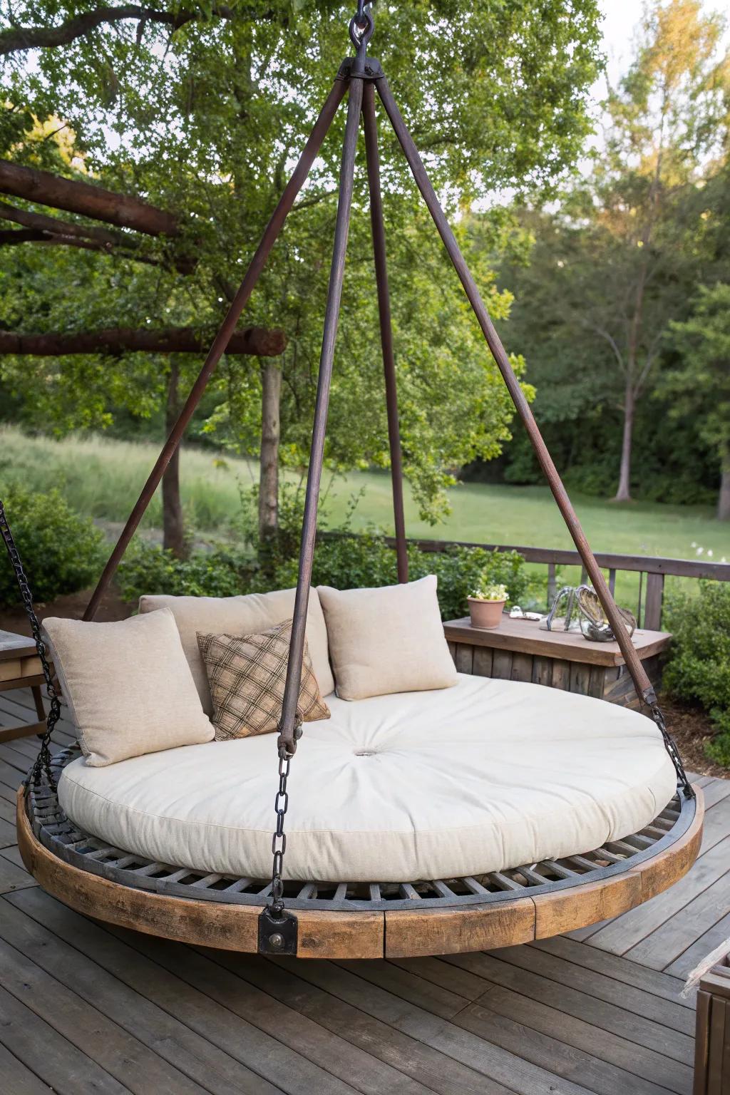 Transform your trampoline into a serene swing bed for the ultimate outdoor relaxation.