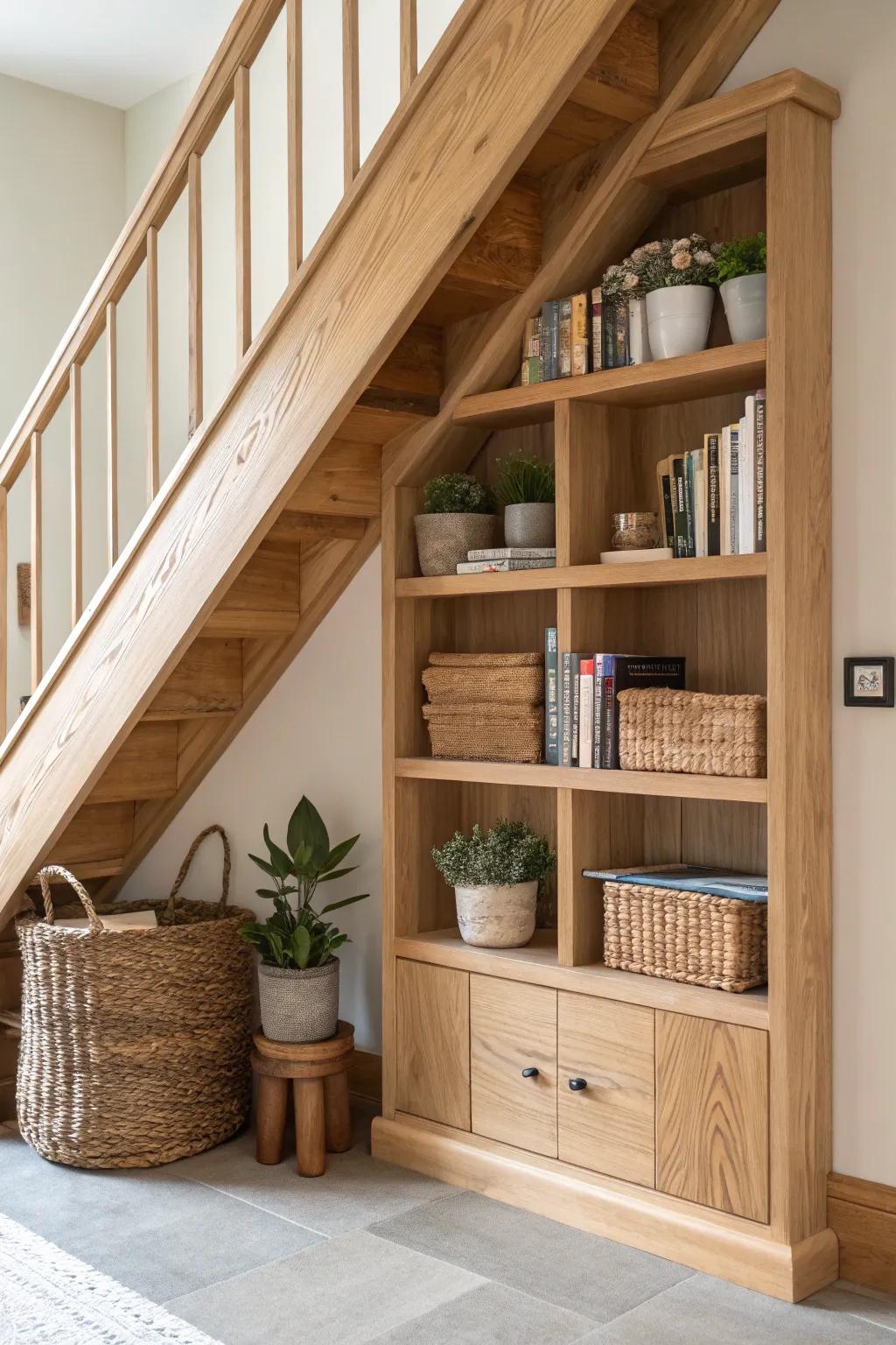 Transform your under-stairs space into a minimalist storage haven with a touch of Boho charm.