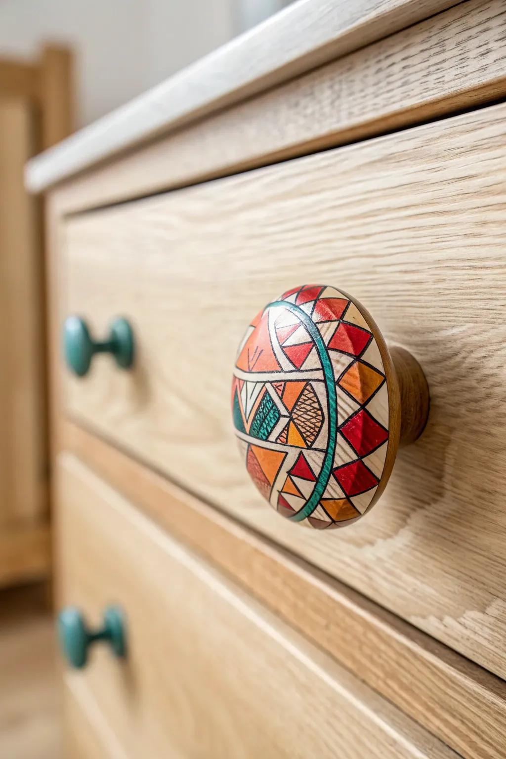 Transform your dresser with a touch of artistry: Wooden knobs with vibrant geometric flair.